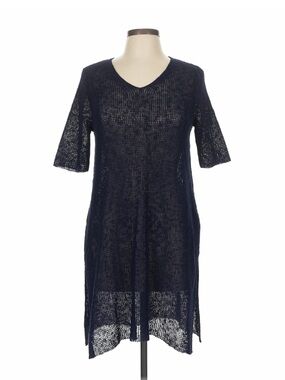 Eileen Fisher Systems Blue Organic Linen Blend Knit  Tunic Top Size M Sheer